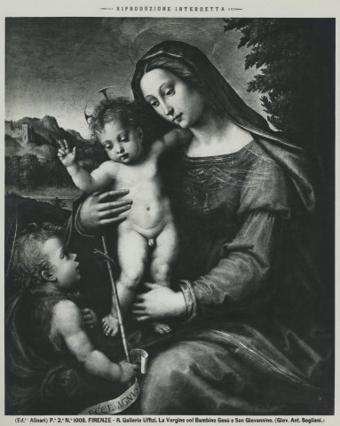 Alinari, Fratelli — Firenze - R. Galleria Uffizi. La Vergine col Bambino Gesù e san Giovannino. (Giov. Ant. Sogliani.) — insieme